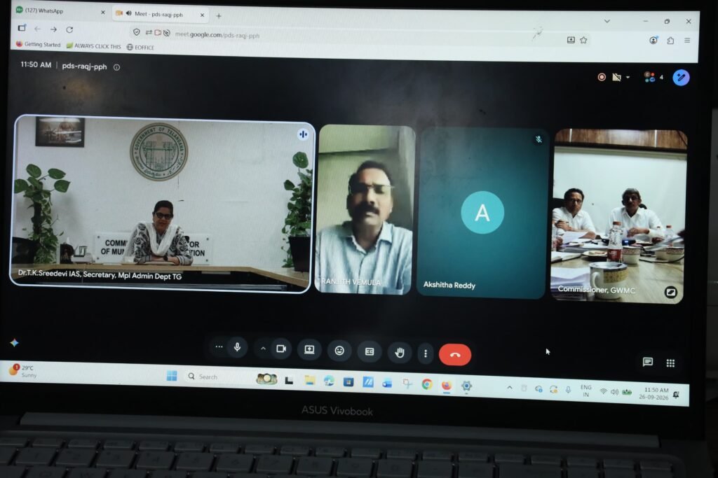 అండర్‌గ్రౌండ్ డ్రైనేజీ టెండర్ ప్రక్రియను వేగవంతం చేయాలి…. -ఎం ఏ యు డి సెక్రెటరీ/సీడీఎంఏ డాక్టర్ టి.కె. శ్రీదేవి… -హైదరాబాద్ నుంచి వీడియో కాన్ఫరెన్స్ ద్వారా యుజిడి ప్రాజెక్టుపై సమీక్ష…